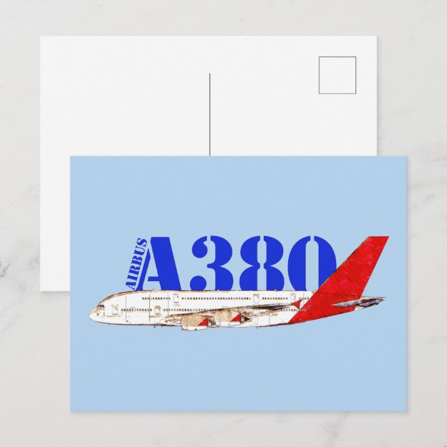 Cartão Postal Ilustração Airbus A380 com Design de Cauda Vermelh (Frente/Verso)