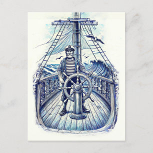 Cartão Postal Ilustração Antiga de um Marinheiro ao Leme