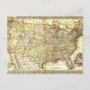Cartão Postal Ilustração Antiga do Mapa dos Estados Unidos