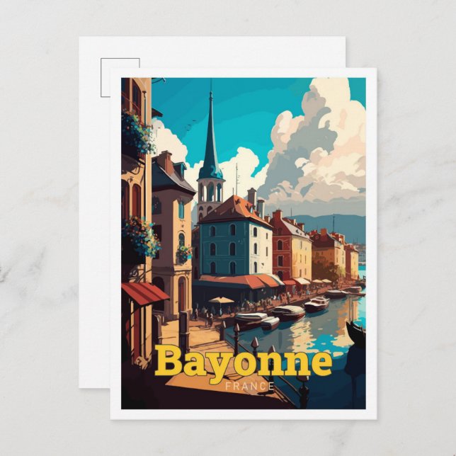 Cartão Postal Ilustração Bayonne France Viagem Vintage (Frente/Verso)