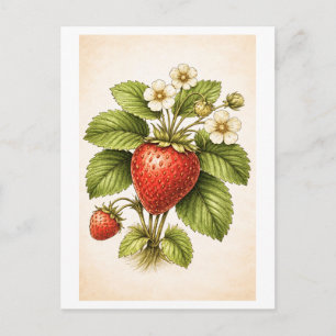 Cartão Postal Ilustração Botânica de Morango Estilo Vintage