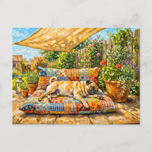 Cartão Postal Ilustração Caprichosa de Cão Mops no Terraço de Ve