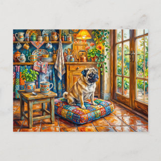 Cartão Postal Ilustração Caprichosa de Mops na Janela da Cozinha