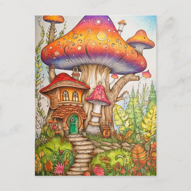 Cartão Postal Ilustração Colorida de Abstrato Mushroom House (Frente)