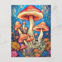 Ilustração Colorida de Cogumelos Selvagens Psicodé