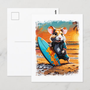 Cartão Postal Ilustração Cômica Colorida Fofa de Hamster Surfand
