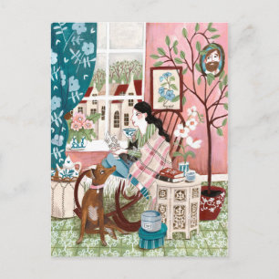 Cartão Postal Ilustração cor-de-rosa de estadia em casa de leitu