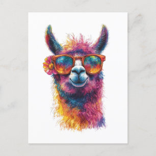 Cartão Postal Ilustração da Cabeça de Llama Vibrante - Colorida,