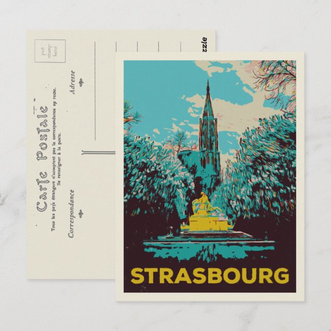 Cartão Postal Ilustração da Catedral de Estrasburgo França (Frente/Verso)