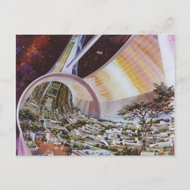 Cartão Postal Ilustração da Colônia Espacial Vintage (Frente)