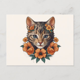 Cartão Postal ilustração da flor da fantasia da cabeça de gatinh