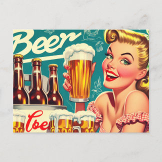 Cartão Postal Ilustração da Garota da Cerveja Vintage