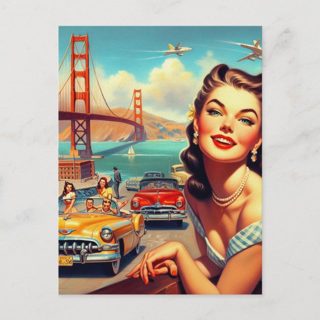 Cartão Postal Ilustração da Garota Vintage San Francisco (Frente)