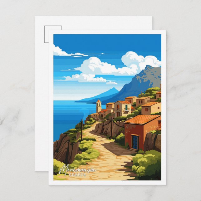 Cartão Postal Ilustração da Grécia de Viagem de Monemvasia (Frente/Verso)