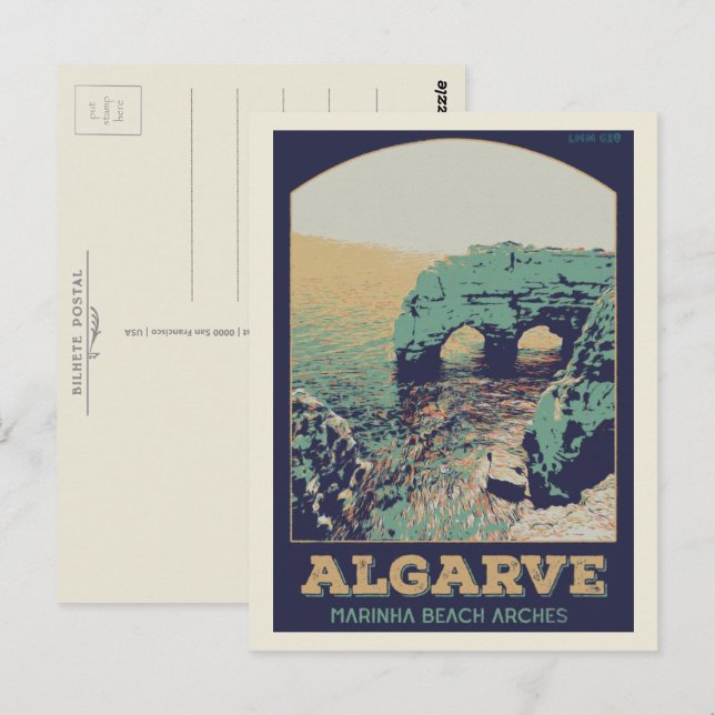 Cartão Postal Ilustração da praia da Marinha Algarve Portugal (Frente/Verso)