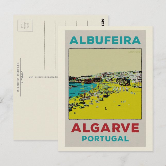 Cartão Postal Ilustração da praia de Albufeira (Frente/Verso)