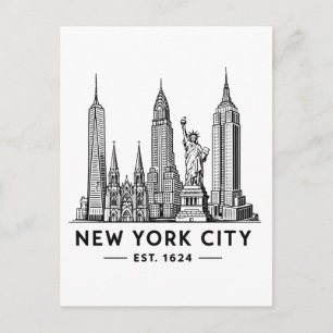 Cartão Postal Ilustração da Silhueta de Nova York com Estátua da