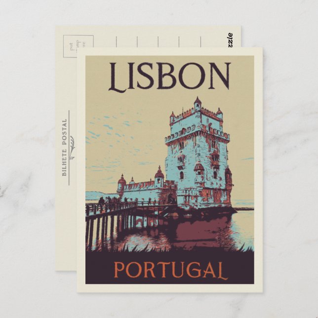 Cartão Postal Ilustração da Torre de Lisboa Belem Portugal (Frente/Verso)