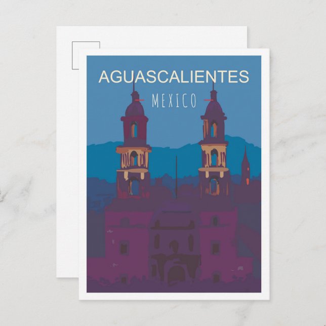 Cartão Postal Ilustração da Viagens vintage Aguascalientes Méxic (Frente/Verso)