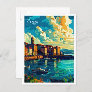 Cartão Postal Ilustração da viagens vintage da Espanha da Coruna