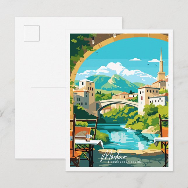 Cartão Postal Ilustração da viagens vintage Mostar Bósnia (Frente/Verso)