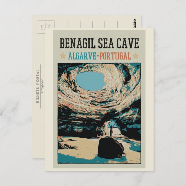 Cartão Postal Ilustração das cavernas do Benagil Algarve Portuga (Frente/Verso)