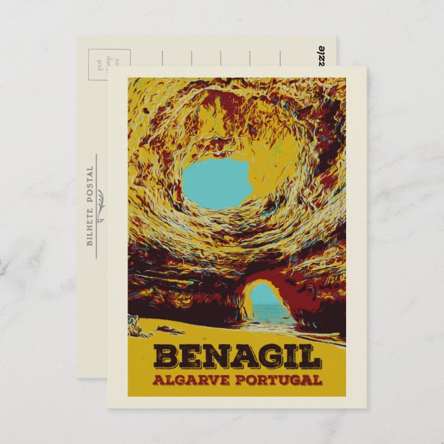 Cartão Postal Ilustração das cavernas do Benagil Algarve Portuga (Frente/Verso)