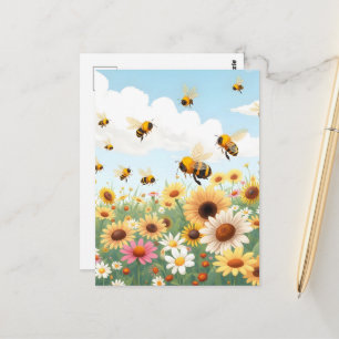 Cartão Postal Ilustração de abelhas e flores fofas