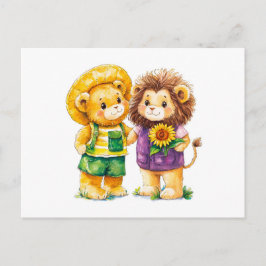 Cartão Postal Ilustração de Aquarela com Urso de Teddy e Leão