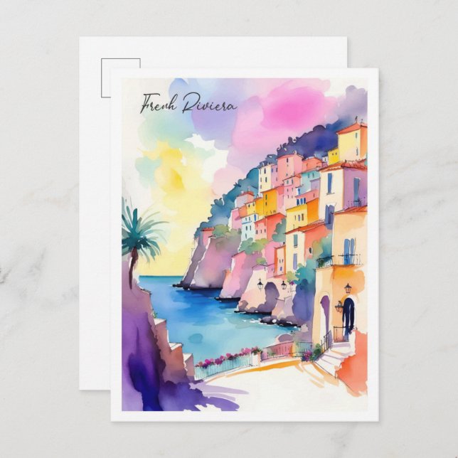 Cartão Postal Ilustração de Aquarela da França Riviera (Frente/Verso)