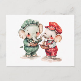 Cartão Postal Ilustração de Aquarela de Dois Elefantes com Barco