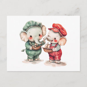 Cartão Postal Ilustração de Aquarela de Dois Elefantes com Barco
