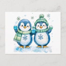 Cartão Postal Ilustração de Aquarela de Dois Pinguins