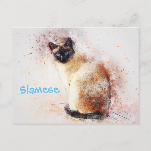 Cartão Postal Ilustração de Aquarela de Gato Siamês (Frente)