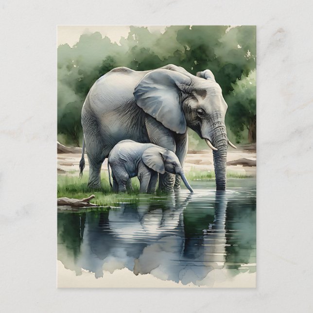 Cartão Postal Ilustração de Aquarela de Mamãe e Elefante Bebê (Frente)