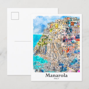 Cartão Postal Ilustração de Aquarela de Manarola Itália Viagem