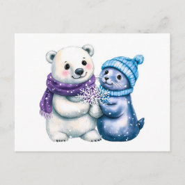 Cartão Postal Ilustração de Aquarela de um Urso Polar e Selo