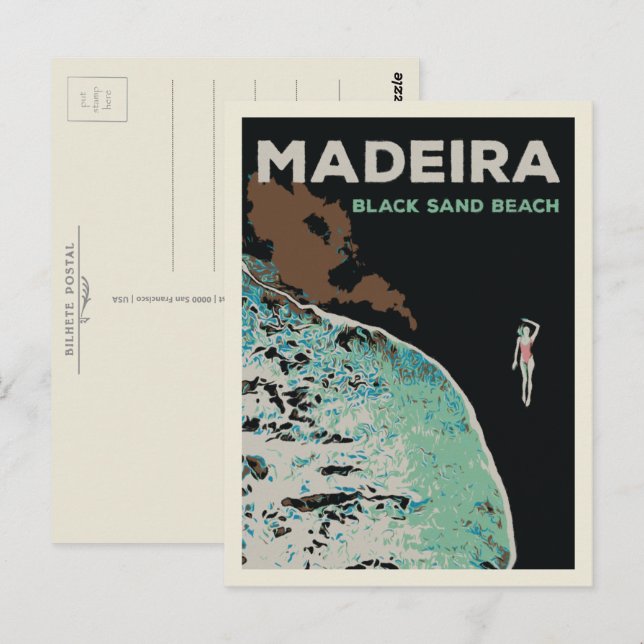 Cartão Postal Ilustração de areia negra da Madeira em Portugal (Frente/Verso)