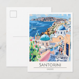 Cartão Postal Ilustração de Arte de Santorini Grécia Viagem