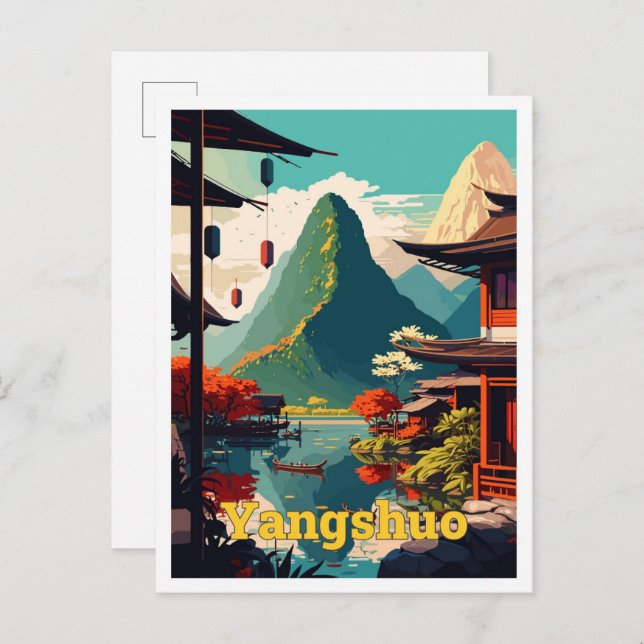 Cartão Postal Ilustração de arte Viagem da China Yangshuo (Frente/Verso)