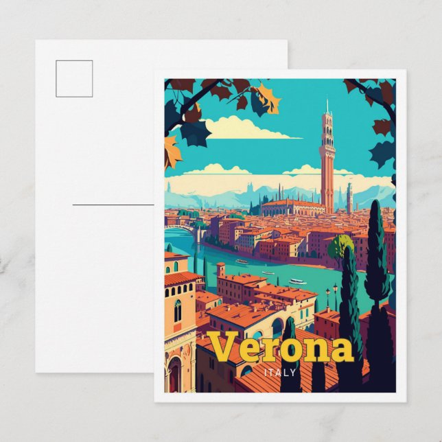 Cartão Postal Ilustração de arte Viagem da Verona Itália (Frente/Verso)