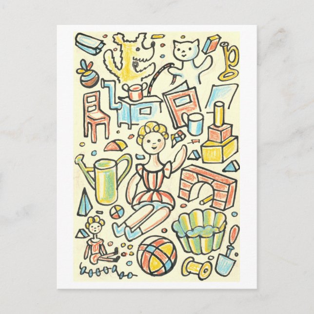 Cartão Postal Ilustração de Brinquedos para Crianças (Frente)