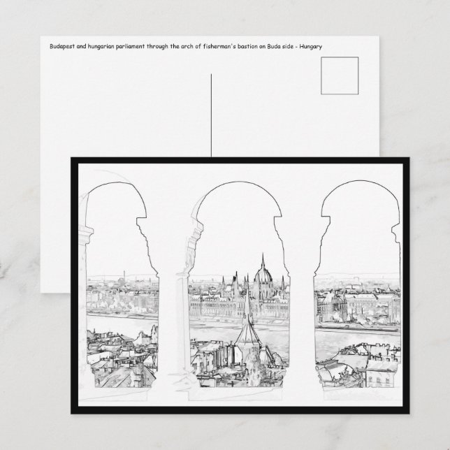 Cartão Postal Ilustração de Budapeste e parlamento húngaro (Frente/Verso)
