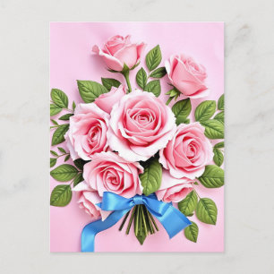 Cartão Postal Ilustração de Buquê de Rosas Rosa com Fita