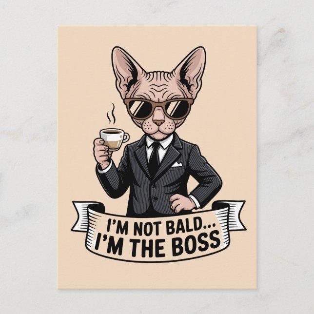 Cartão Postal Ilustração de Café com Gato Sphynx Chefe (Frente)
