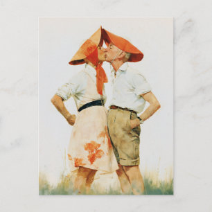 Cartão Postal Ilustração de Casal Vintage Caprichoso Beijando