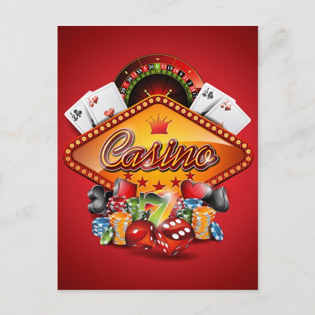 Cartão Postal Ilustração de casino com elementos de jogo (Frente)