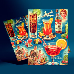 Cartão Postal Ilustração de Cocktails de Bebidas Vintage