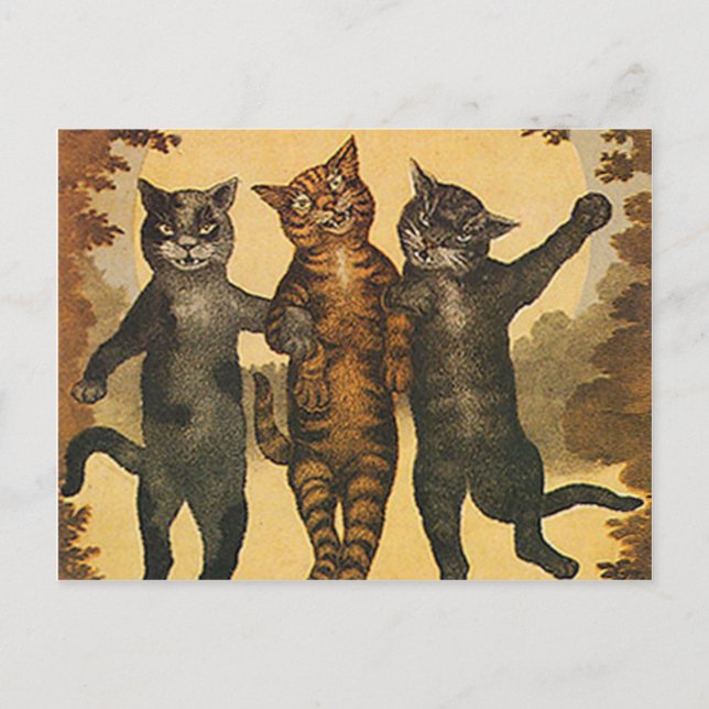 Cartão Postal Ilustração de colheita de três gatos médios loucos (Frente)
