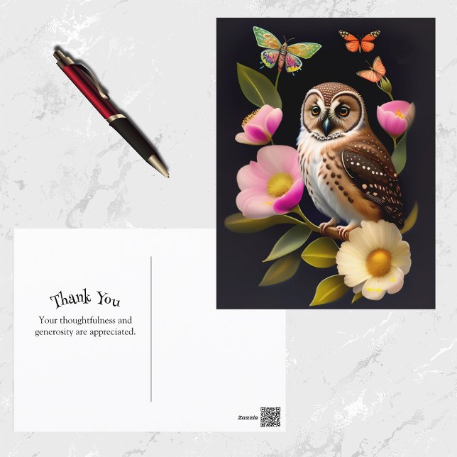 Cartão Postal Ilustração de Coruja com Flores Rosa Borboletas (Criador carregado)